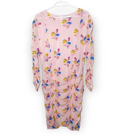 New GANNI Ruched Mesh Mini Dress in Light Lilac Size 18 - Picture 3 of 6